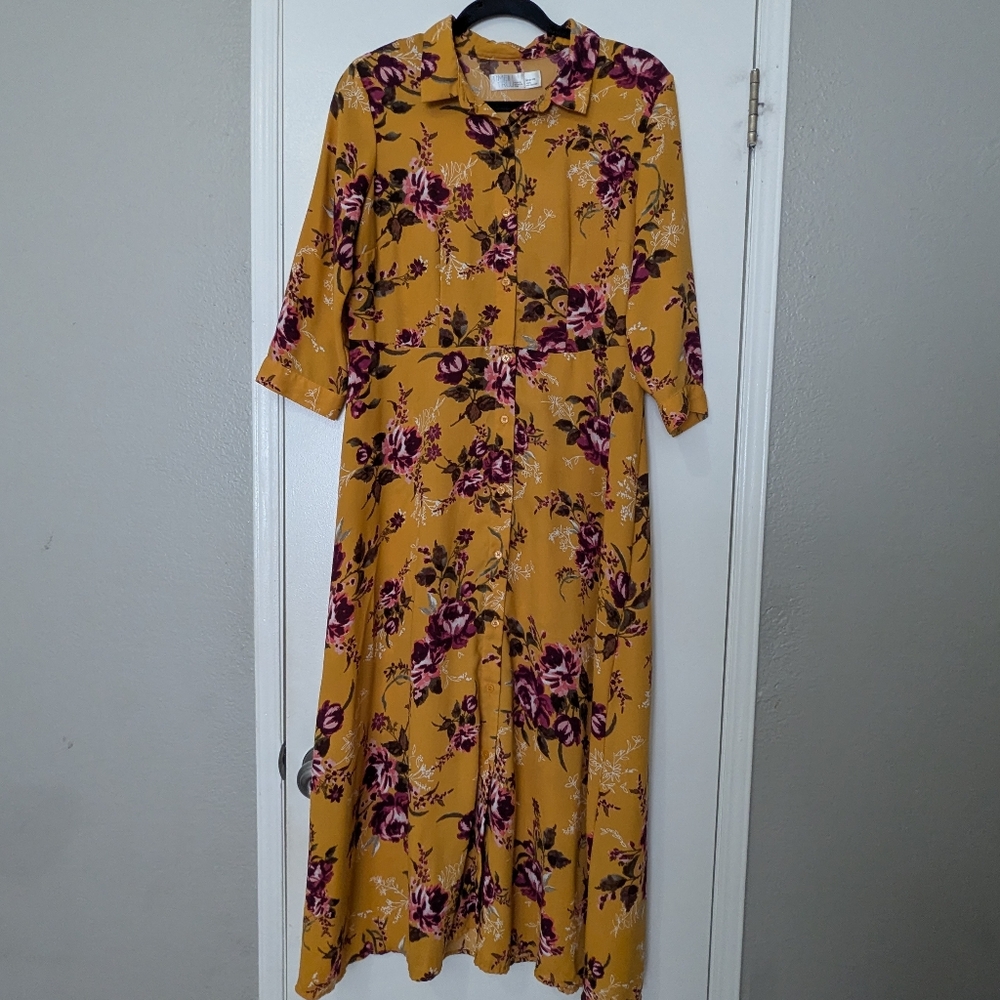 Time and Tru Mustard Floral Long Sleeve Dress